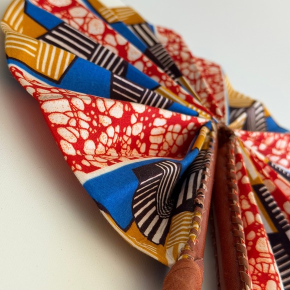 Vintage African Fabric Folding Fan Handmade Leather Handle Abstract - Picture 4 of 6